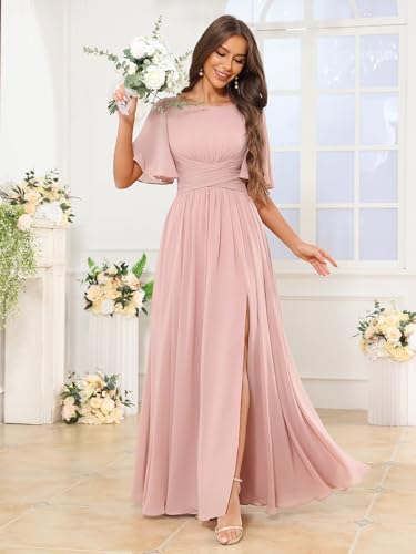 Women's Bridesmaid Dresses with Slit Flutter Sleeve Scoop Neck Chiffon Formal Wedding Guest Dress with Pockets3