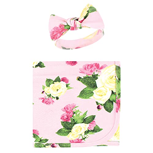 Image of Touched by Nature Unisex Baby Organic Cotton Swaddle Blanket and Headband or Cap, Rose Peony, One Size
