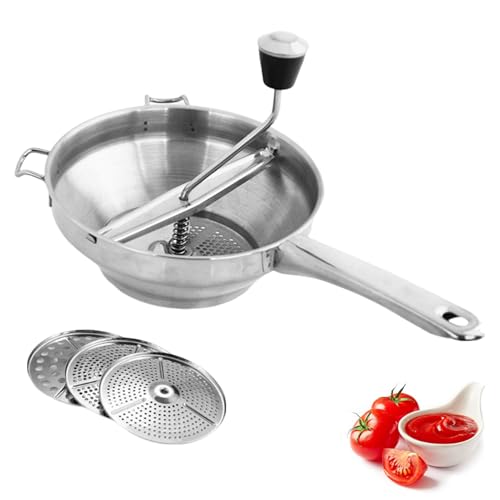 Food Mill Stainless Steel | Manual Food Masher with 3 Discs | Handle Foods Mill Hand Crank | Rotary FoodMill for Tomato Sauce, Potatoes, Canned Goods