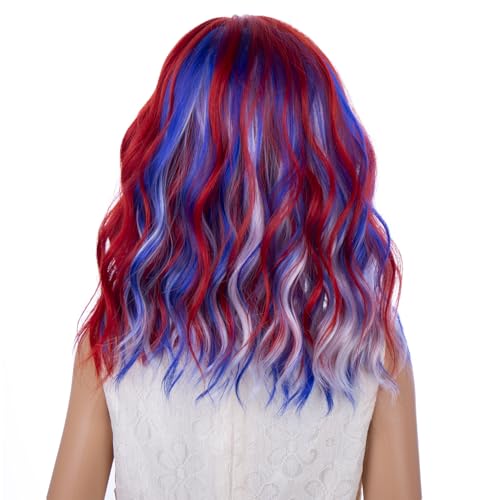 Image of PATTNIUM Blue Red White Wig 4th of July Wig for Kids Short Curly Wavy Fourth of July Party Wigs Girls Heat Resistant Synthetic Wigs