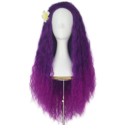 Women Girl's Pretend Hair Wigs Long Fluffy Kinky Straight Wave Ombre Gradient Color Punk Costume Wig (Gradient Purple)