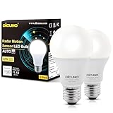 DiCUNO Radar Motion Sensor Light Bulbs Outdoor, 12W (100W Equivalent), Motion Sensor Bulb Auto On/Off, Daylight White 5000K, 1100 LM, A19 E26 Indoor/Outdoor Lighting for Front Porch Garage, 2-Pack