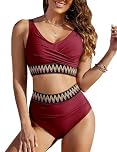 Vijamiy Bikini Sets for Women Tummy Control Sexy V Neck Push Up Padded Two Piece Swimwear High Waisted Bikini Plus Size with Colorful Stripes(Burgundy,XXL)