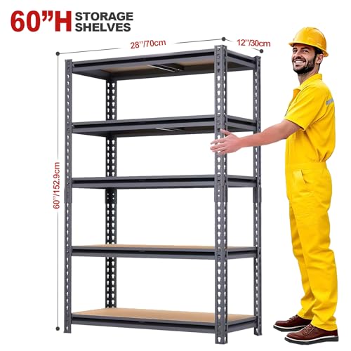 5-Tier Garage Storage Shelves, Heavy Duty Adjustable Shelving Unit, 60"H Garage Rack with 2400lbs Capacity, Metal Utility Shelves for Warehouse, Basement, Pantry, Tool Room, Home Organization - Image 4