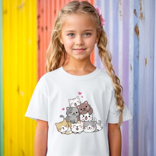 Image of KEEVICI Cute Cartoon Cat Shirts for Girls Kids Graphic Tees Kawaii Animal Pattern T Shirt Cotton Crewneck Summer Loose Tops