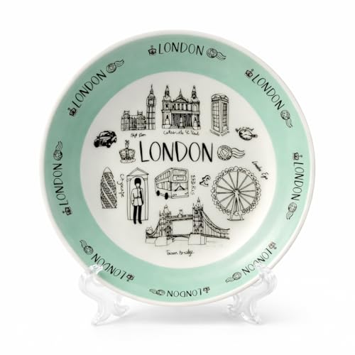 Assiette décorative souvenir de Londres avec support – Plat de présentation en céramique de 15 cm avec Big Ben, Tower Bridge et London Eye – Boîte...