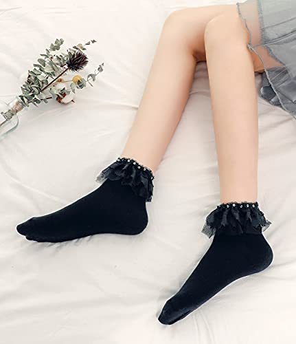 Image of Women Ankle Socks Lace Ruffle Frilly Cute Princess Dress Cotton Socks for Girl 3 Pack