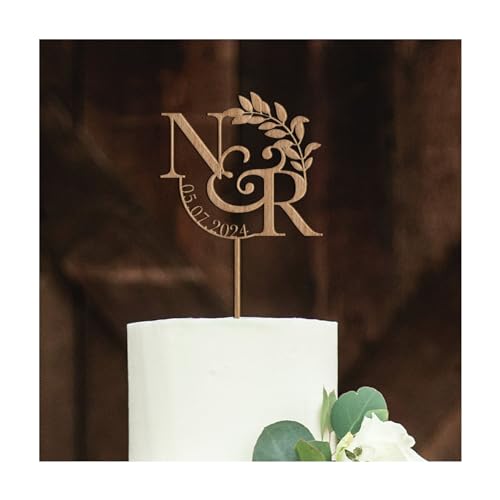 Pomchick - Wooden Wedding or Engagement Cake Topper with a Date and Initials Anniversary Personalised Custom Engagement Wood Decor Bridal Shower