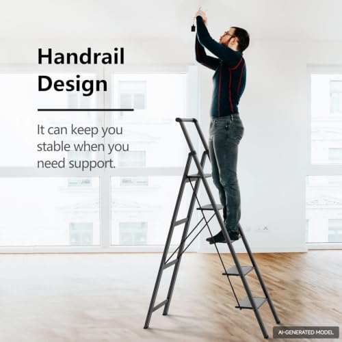 Image of SOLADDER 5 Step Ladder, Folding Step Stool, Lightweight Stepladder, Black | Reach 10ft;Anti-Slip 7.9'' Wide Pedal;Portable Handrail;Space-Saving;For Kitchen, Home, Library, Office Use;300lbs Capacity