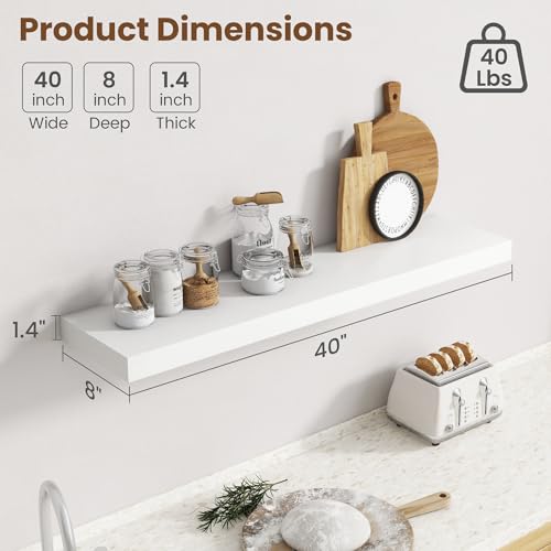 Image of 40 Inch Floating Shelves for Wall, 8 Inch Deep Floating Shelf for Storage & Display, Rustic Wall Mounted Shelf with Invisible Brackets for Living Room, Kitchen, Bathroom, Home Decor, Set of 2, White