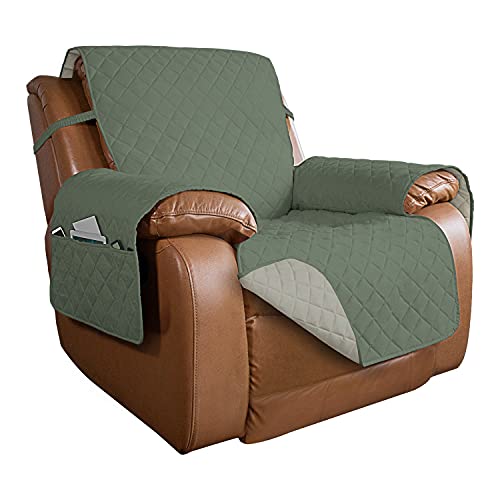 Image of PureFit Reversible Quilted Sofa Cover, Water Resistant Slipcover Furniture Protector, Washable Couch Cover with Non Slip and Elastic Straps for Kids, Dogs (Oversized Recliner, Greyish Green /Beige)