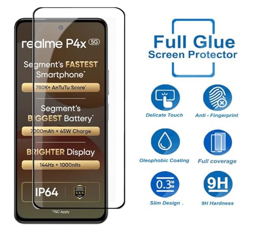 Image of HD Tempered Glass Screen Protector Compatible for Realme P4X 5G with Edge to Edge coverage and Easy Installation kit