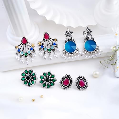 Image of FUBS Oxidized Designer Stud Earrings Set of 12 with Folding Jewelry Box | Traditional & Modern Earring Set for Women & Girls