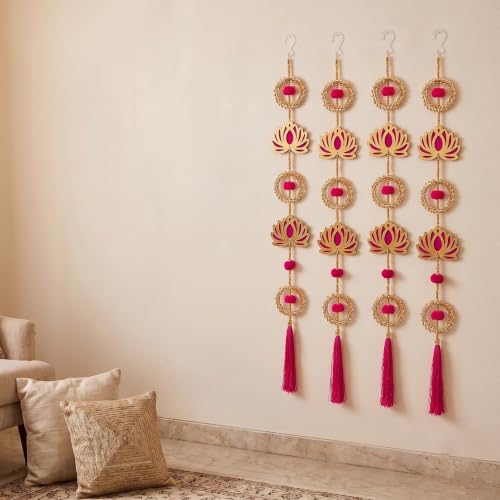 Image of JH Gallery Lotus Wreath Hanging for Ganpati Decoration Items for Home - Handmade Ganesh Chaturthi Backdrop Decoration, Mandir & Balcony Hanging (33 Inch, Pack of 4)