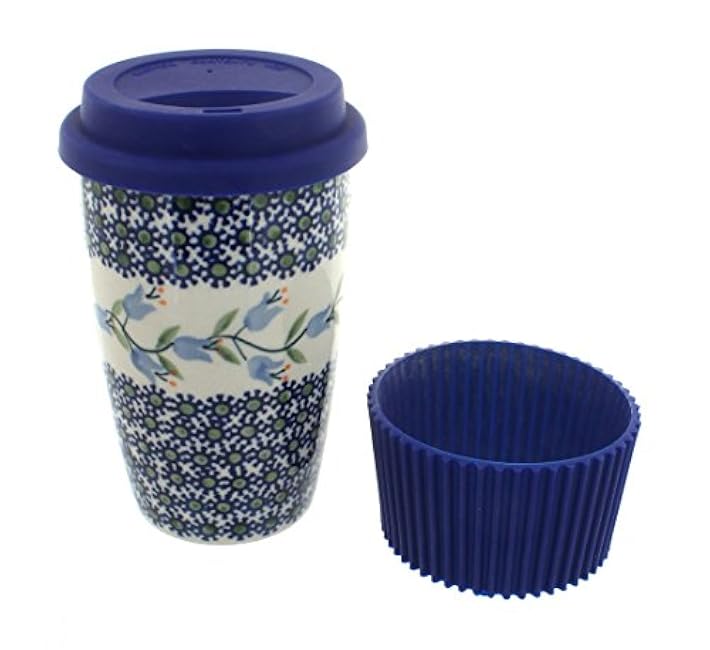 Blue Rose Polish Pottery - Blue Tulip Travel Coffee Mug - 12 oz - Mug for On-The-Go, Fits Most Car Cup Holders