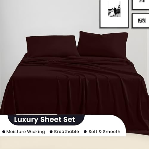 Image of SGI bedding Queen Bed Sheets Set - Premium 600 TC Egyptian Cotton, Crisp & Cooling Sateen Weave, Extra Soft Hotel Collection, Fits Mattresses Up to 16 Inch Deep, Breathable & Long Lasting - Chocolate