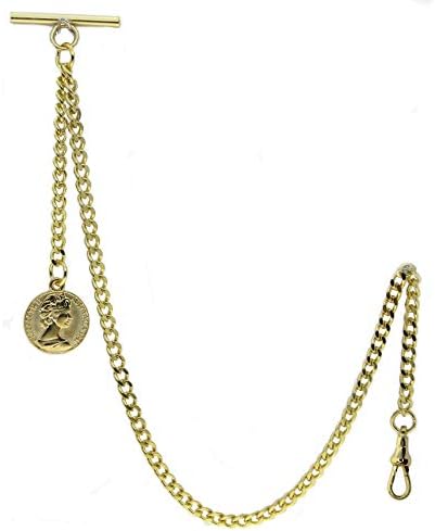 watchvshop Albert Chain Gold Tone Pocket Watch Chain Vest Chain for Men Fob T Bar with Swivel Clasp with Queen Design Medal Fob Charm AC79A