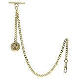 WATCHVSHOP Albert Chain Gold Tone Pocket Watch Chain Vest Chain for Men Fob T Bar with Swivel Clasp and Half Penny Coin Design Medal Fob Charm AC79A