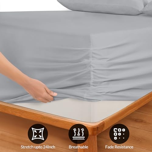 Image of Royale Linens Extra Deep Pocket Queen Fitted Sheet - Soft Silver Queen Size - Fits 18 inch to 24 inch Thick Mattress