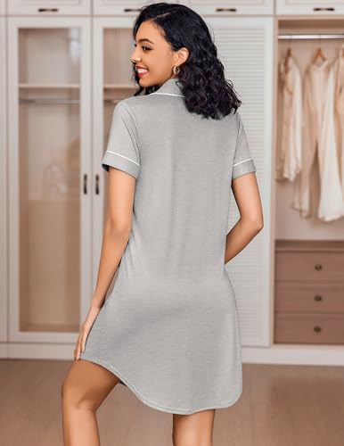 Image of Ekouaer Women's Nightgown Button Down Nightshirt V Neck Sleepshirt Short Sleeve Sleepwear Soft Pajama Dress