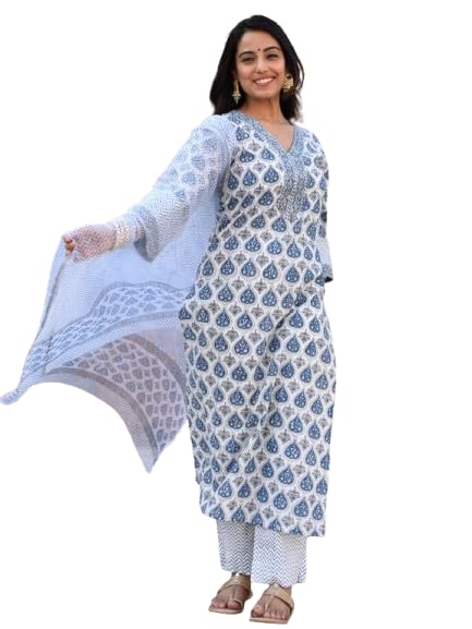 Image of Pinkmint Women Hand Block Printed Kurta and Palazzo Set with Dupatta