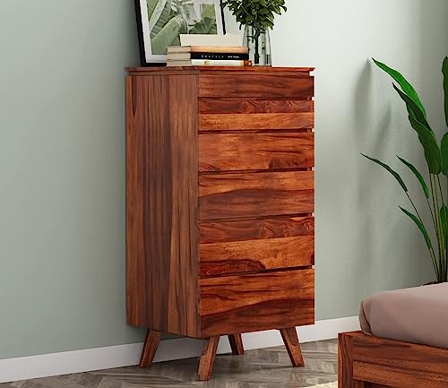 Image of Solid Wood 6 Drawer Chest, Mid-Century Modern Style, Natural Brown Finish, 42x20x18 Inch Tall Dresser with Angled Legs