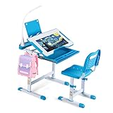 UNICOO Kids Study Table and Chair Set, Height Adjustable Art Desk, Ergonomic Study Desk with LED Lamp, Tilt Desktop, Pull Out Drawer