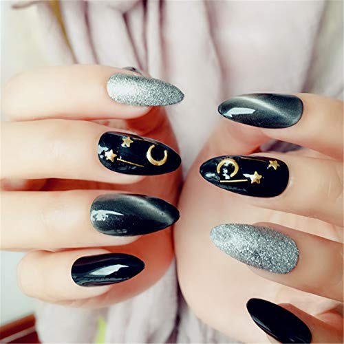 HPMJ Black Starry Sky DIY False Nails 24pcs 12 Different Sizes Stick on nails for Women and girls Cute Press on nails flake nails with glue for Kiss Wedding Party