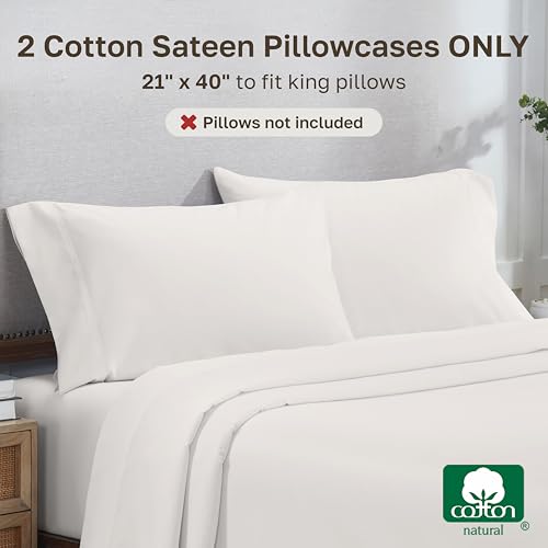 Image of California Design Den 800 Thread Count 2-Pack Pillow Cases King | Soft & Thick 100% Cotton Sateen Backed by Good Housekeeping Seal, Classic Side Opening 4 inch Hem, Fits King Pillows - True Ivory