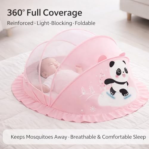 Image of Mosquito Net for Baby (Pink) | Panda Print | Breathable Bottomless Net for Infants | Comfortable & Easy to Use | 135 x 65 x 65 cm