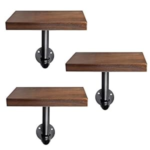 Navaris Industrial Pipe Shelf Set – 3 Small Wooden Shelves with Black Pipe Shelf Brackets – 15x20cm Wall-Mounted Wood Shelving – Size S, Dark Brown