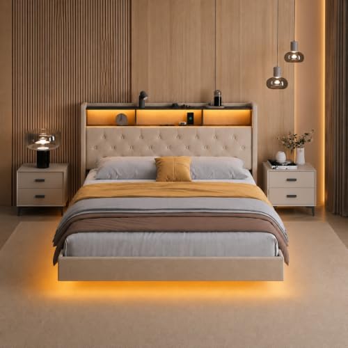 Xbro Camas Tapizada Matrimoniales 140x200 cm con Iluminación LED y Estación de Carga (USB/Enchufe), Aspecto Flotante, Cabecero Acolchado con Espacio de Almacenamiento, Somier, Beige (Sin Colchón)