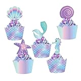 120Pcs Mermaid Cupcake Wrappers Toppers, Include 60pcs Cake Topper and 60pcs Wrappers Double Side, Little Mermaid Theme Decoration Under The Sea Birthday Baby Shower Party Favor