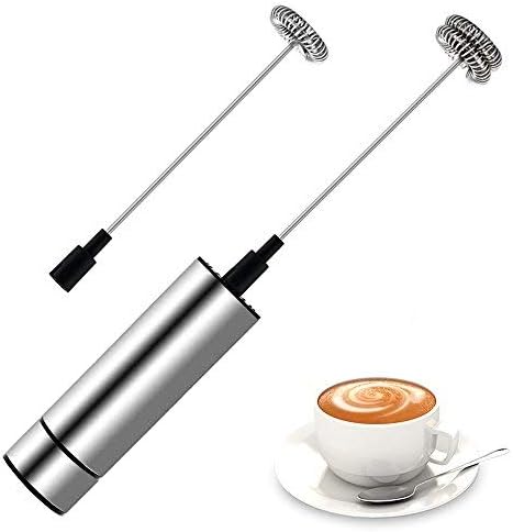 Portable Handheld Electric Milk Frother with 2 Pieces Powerful Spring Whisk Head, Premium Stainless Steel Milk Foam Maker for Coffee, Latte, Cappuccino, Hot Chocolate