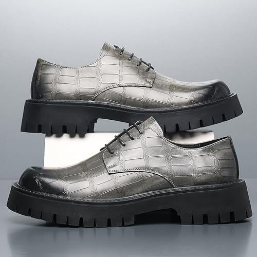 Image of Men's Printed Leather Platform Oxford Dress Shoes Classic Lace Up Anti-Slip Lug Sole Block Heel Formal Oxfords for Wedding Office Business