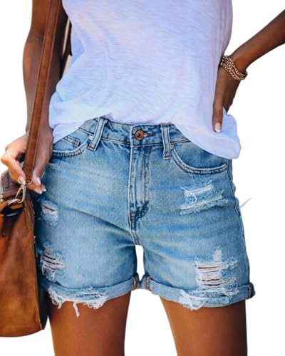 Lvguang Damen Gerade Denim Shorts Hohe-Taille Zerrissene Jeanshose mit Taschen Hotpants Vintage Jeans