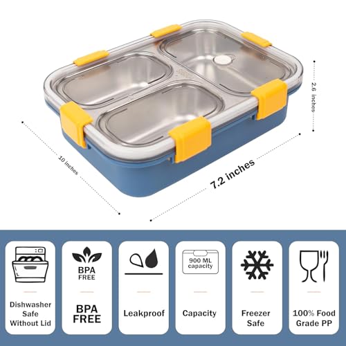 Image of Techno Buzz Deal Stainless Steel Bento Lunch Box, 3 Compartments, with Spoon, Fork and Chopsticks (Multi Color)
