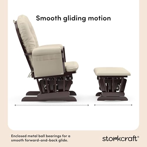 Storkcraft Premium Hoop Glider & Ottoman (Espresso with Beige) — GREENGUARD Gold Certified, Solid Wood Craftsmanship, Convenient Storage Pockets, Smooth-Gliding Chair for Nursery, Multi-Award-Winning