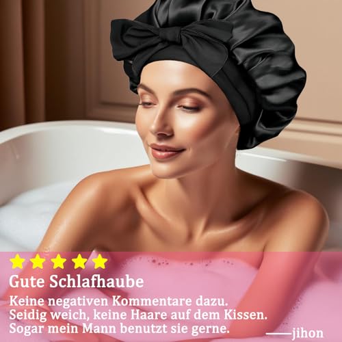 2 Stück Schlafmütze Satin Bonnet seidenhaube zum schlafen Nacht Schlaf Mütze Verstellbare Schlafkappe Kopfbedeckung Weiche Kopfhaube Schlafhaube Seide mit Gummizug für Damen und Mädchen(Schwarz)
