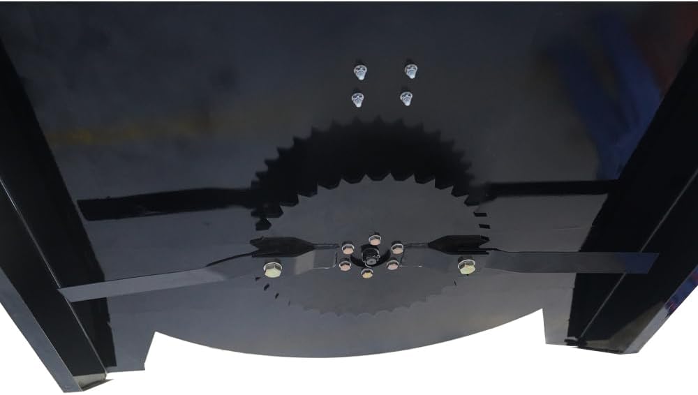 Underside view of the brush mower showing blades