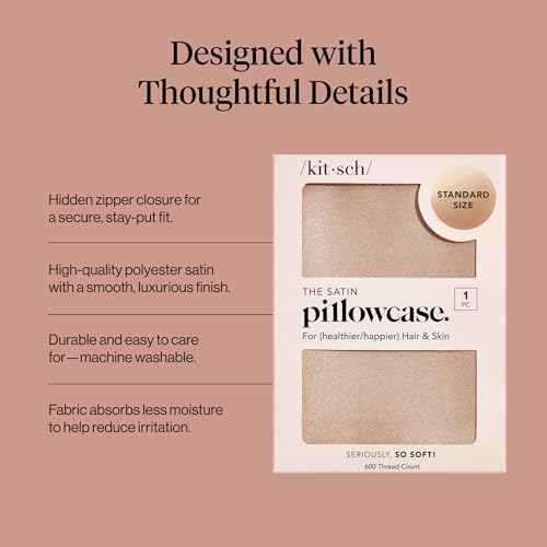 Image of Kitsch Satin Pillowcase with Zipper - Standard Size, Champagne | Softer Than Silk Pillow Cases, Smooth Cooling Satin Pillow Case for Hair and Skin, Wrinkle-Free, Machine Washable