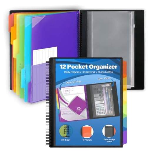 Binditek 12 Pocket Poly Project Organizer with 6 Dividers, Folder Organizer Binder with Front Cover Pocket, Metal Wire Binding Spine, Letter Size