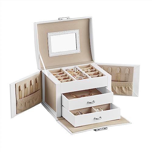 SONGMICS Caja Joyero de 3 Niveles, Caja para Joyas con Asa, 2 Cajones, Espejo, Cerradura, para Viajar, Estilo Moderno, Regalo para Seres Queridos, Blanco Clásico JBC154W01