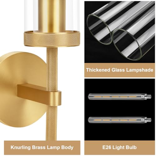 Image of Brass Wall Sconces Set of Two with White Lights, 19.5'' Brushed Brass Knurled Bathroom Sconces Wall Lighting Vanity Light with Clear Glass for Living Room Mirror Bedroom Stairs