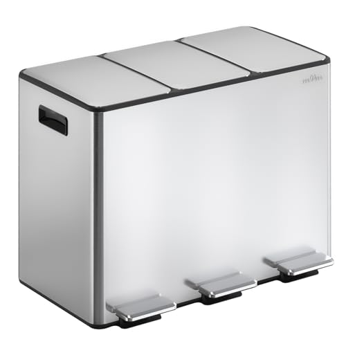 mVm Mülleimer Küche,45 Liter Treteimer,3 x 15 Liter Treteimer, 3 Fächer, Mülltrennsystem, Abfalleimer Küche mit Inneneimer aus Kunststoff,Metall,Klappdeckel, Softclose, Luftdicht