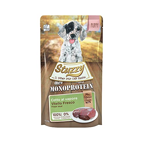 Stuzzy, Monoprotein Grain & Gluten Free, Cibo Umido per Cani Cuccioli al Gusto Vitello Fresco Preparato in Patè - Totale 1,8Kg (12 Buste da 150G)