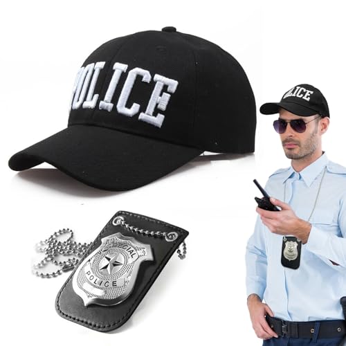 TUONYIS 2 Pezzi Police Costumi Polizia Costume Accessori Set Costume da Polizia Poliziotto Accessori Police Cappello Police Distintivo Polizia per Halloween Carnevale Festa Costume (Nero)