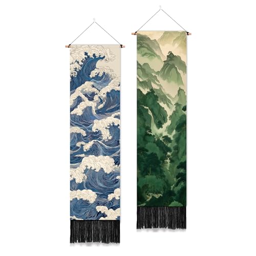 PLIGREAT Confezione da 2 arazzi da parete giapponesi paesaggistici retrò con motivi di montagna e marini con nappe, decorazione estetica verticale per camera da letto, soggiorno