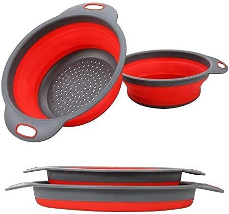 Collapsible Colander, 2 Collapsible Set, Learja Food-Grade Silicone kitchen Strainer Space-Saver Folding Strainer Colander, Sizes 8 inches - 2 Quart, and 9.5 inches - 3 quart,2 hooks (Red)