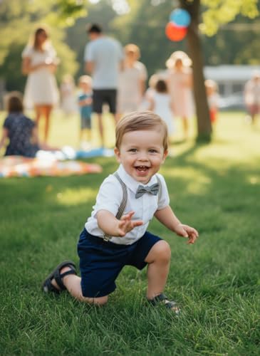 Image of Volunboy Baby Boy Formal Short Set Toddler Summer Gentleman Outfit Kid Short Sleeve Bowtie Shirt Suspender Shorts Suit